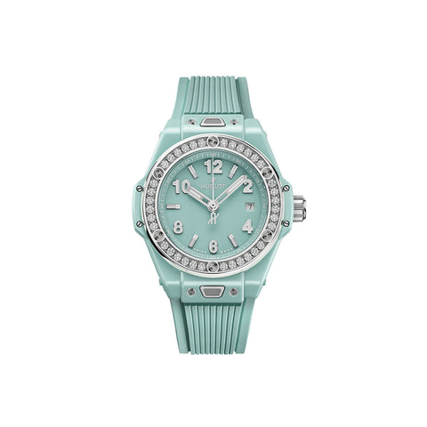 Unworn Big Bang One Click Mint Green Ceramic Diamonds 33, 485.GS.5271.RX.1204, box and papers