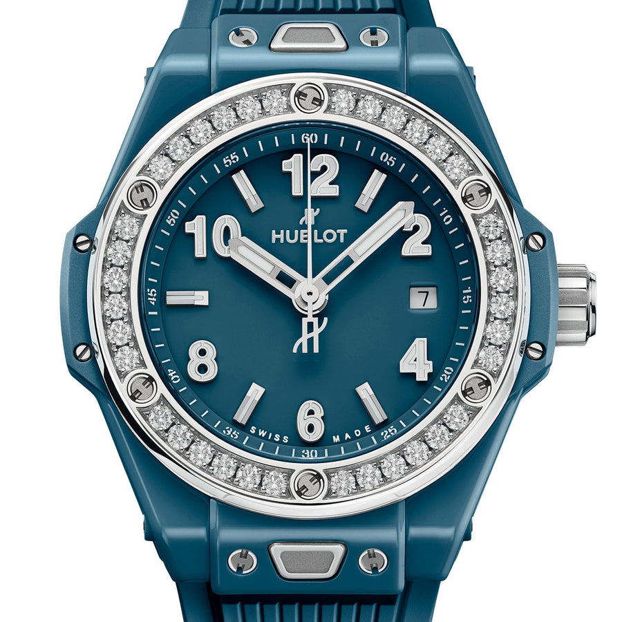 Unworn Big Bang One Click Petrol Blue Ceramic Diamonds 33, 485.ES.5171.RX.1204, box and papers