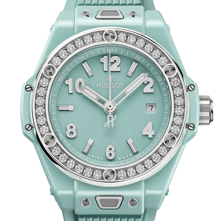Unworn Big Bang One Click Mint Green Ceramic Diamonds 33, 485.GS.5271.RX.1204, box and papers