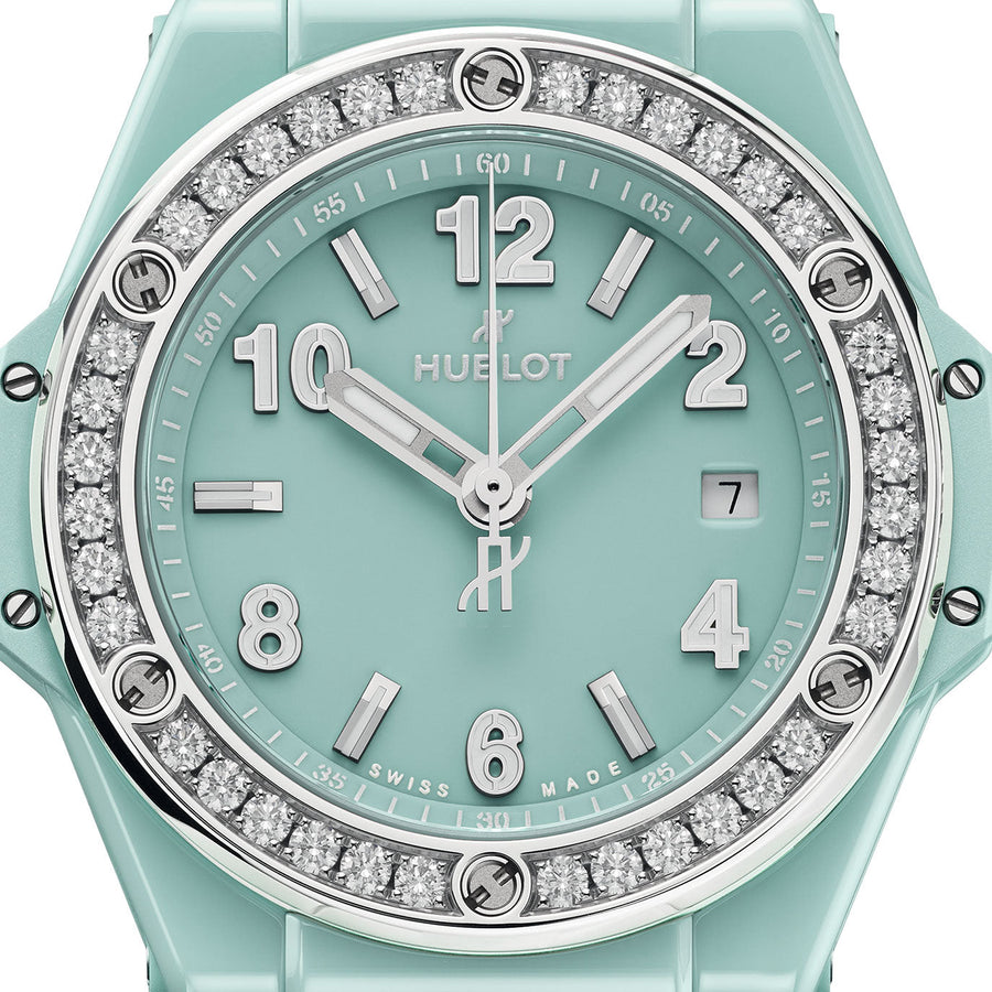 Unworn Big Bang One Click Mint Green Ceramic Diamonds 33, 485.GS.5271.RX.1204, box and papers