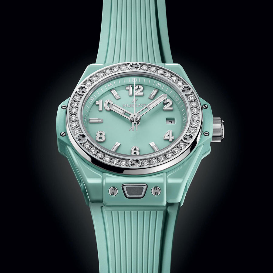 Unworn Big Bang One Click Mint Green Ceramic Diamonds 33, 485.GS.5271.RX.1204, box and papers
