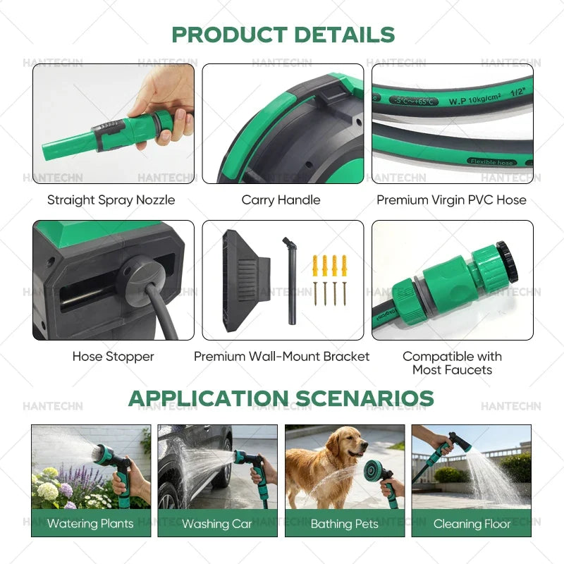 Hantechn Automatic Retractable Garden Hose Reel 30m+2m Pvc Water Hose With Abs