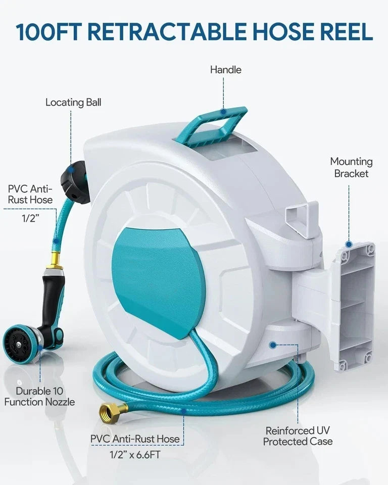 Retractable Garden Hose Reel With Retractable Hose 1/2 In X 100 FT Automatic