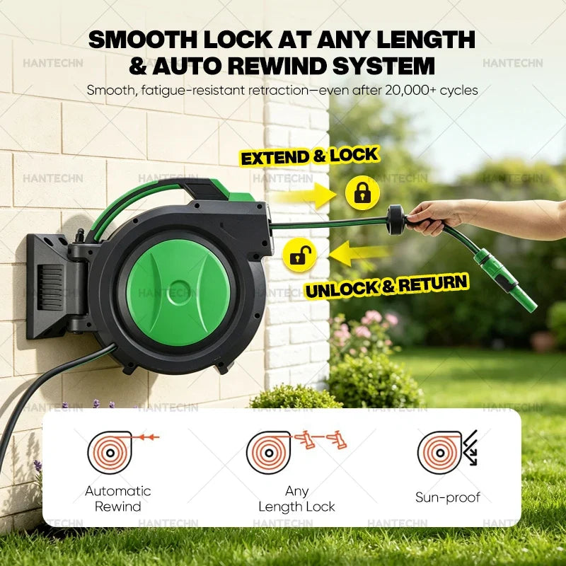 Hantechn Automatic Retractable Garden Hose Reel 30m+2m Pvc Water Hose With Abs