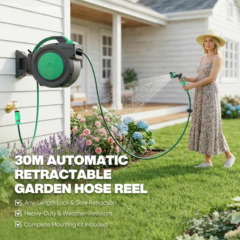 Hantechn Automatic Retractable Garden Hose Reel 30m+2m Pvc Water Hose With Abs