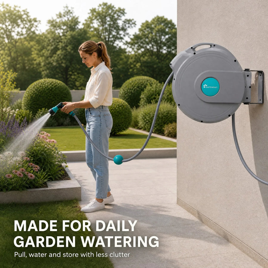 20m Wall-mounted Retractable Garden Hose Reel With Flexible 1/2 Inch Pvc Hose For