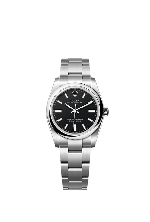 Unworn 2025, Oyster Perpetual, Oystersteel, 34mm, Black dial, Domed Oyster, Ref# 124200-0010, box and papers
