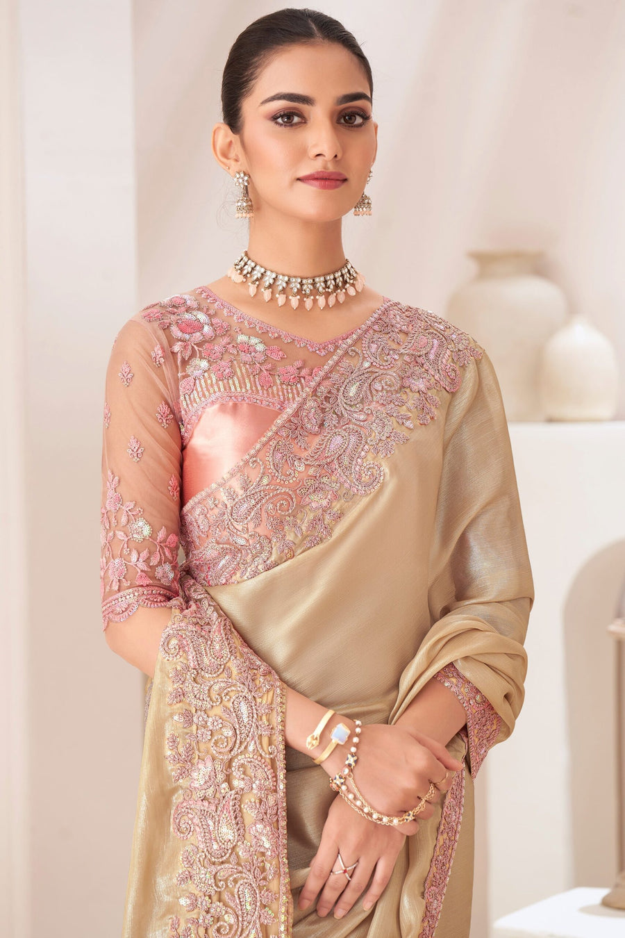 Saree Buta Gold Chiffon Embroidered Saree - view 2