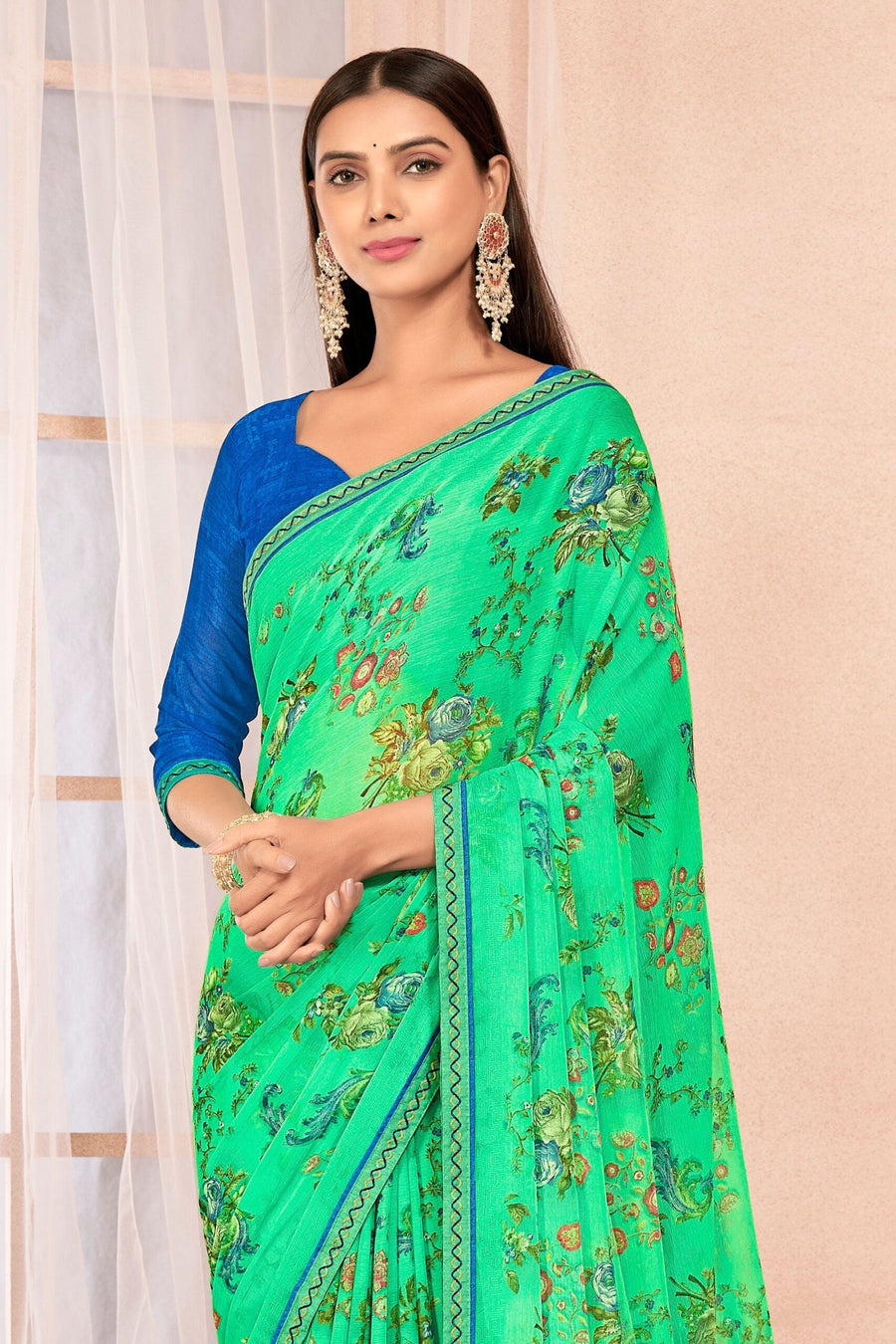Saree Buta Green Chiffon Printed Saree - Style 60311 - view 2
