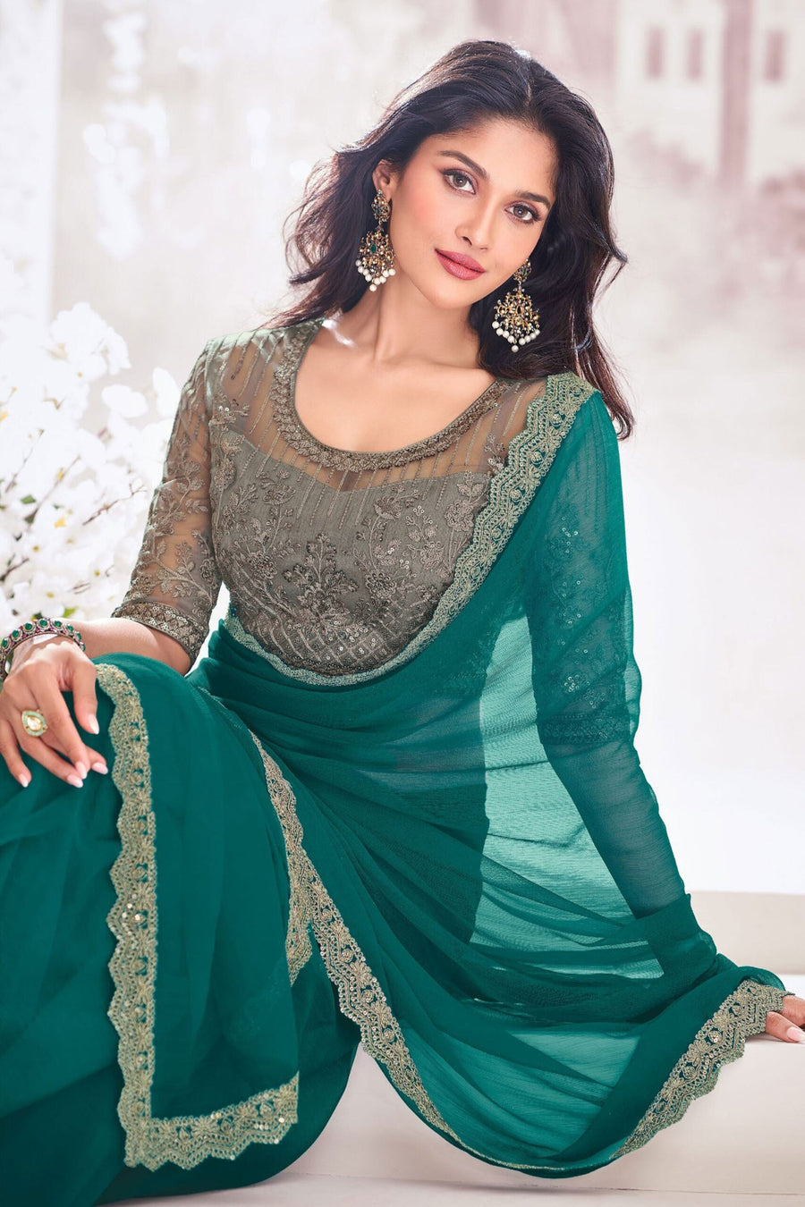 Saree Buta Green Chiffon Embroidered Saree - view 2