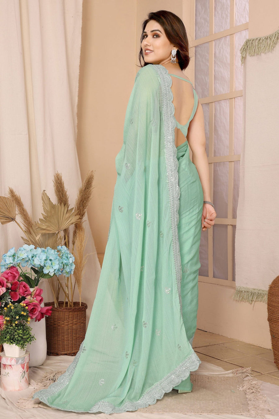 Saree Buta Green Chiffon Embroidered Saree - Style 69843 - view 2