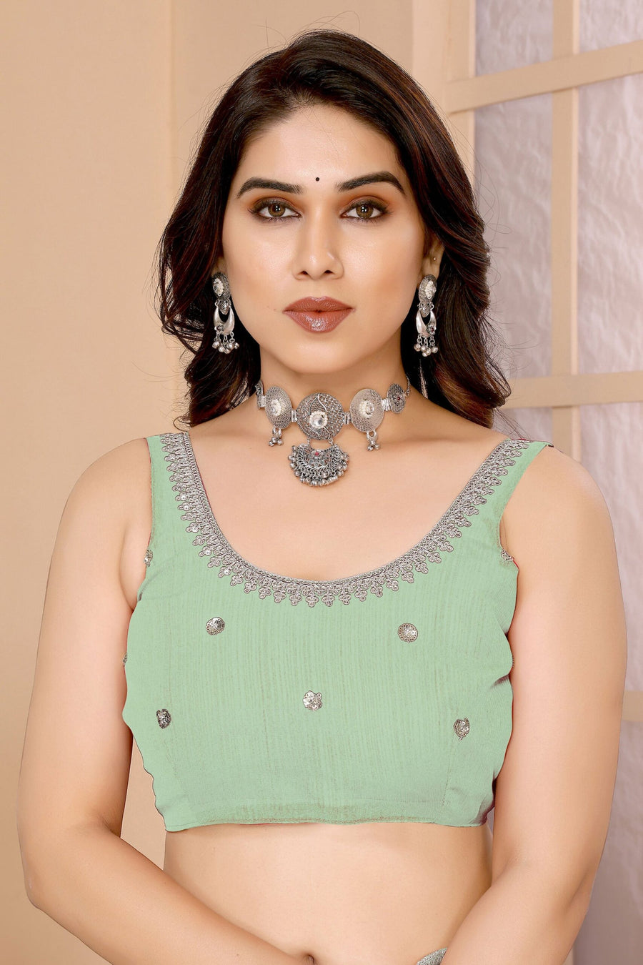 Saree Buta Green Chiffon Embroidered Saree - Style 69843 - view 4