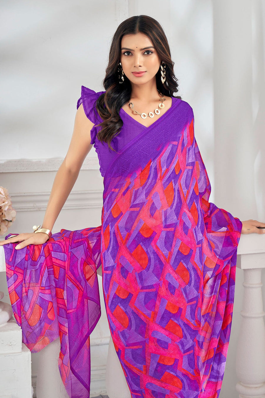 Saree Buta Purple Chiffon Printed Saree - view 2