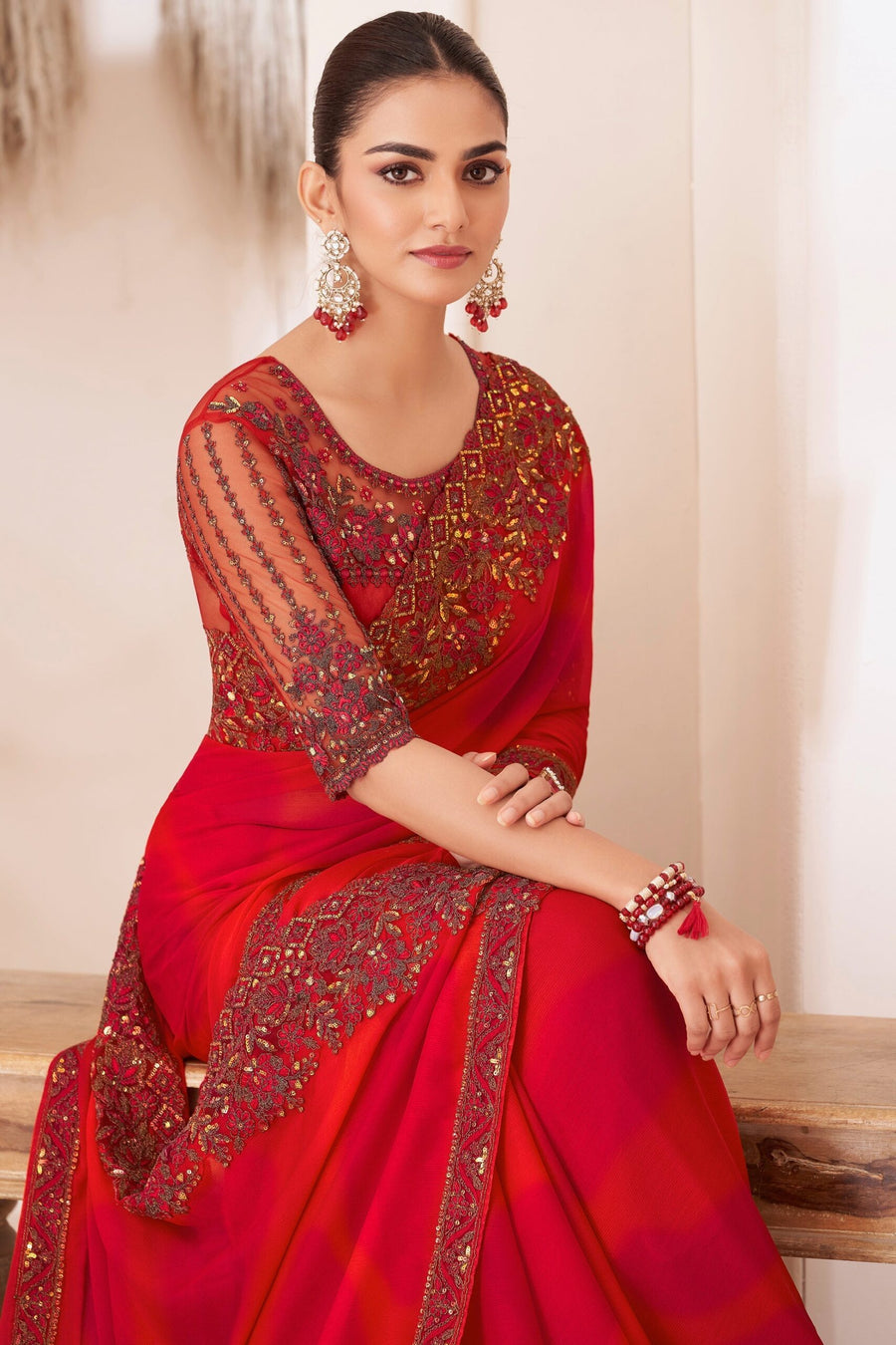 Saree Buta Red Chiffon Embroidered Saree - view 3
