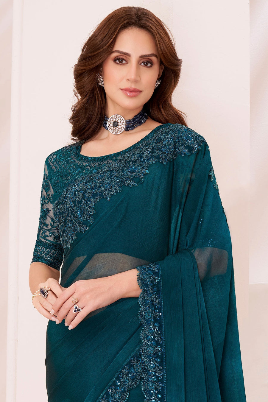 Saree Buta Teal Chiffon Embroidered Saree - view 3