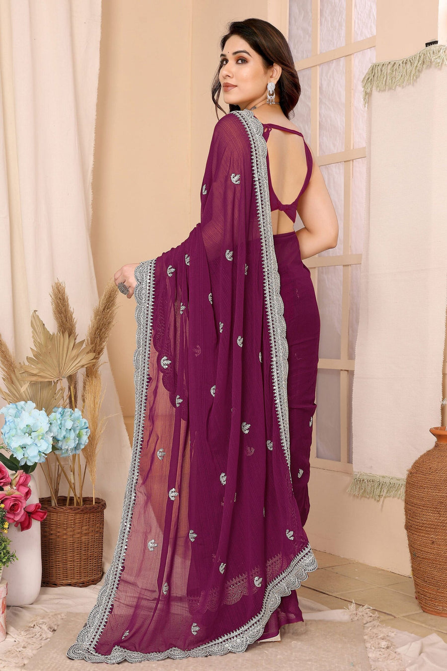 Saree Buta Wine Chiffon Embroidered Saree - view 2