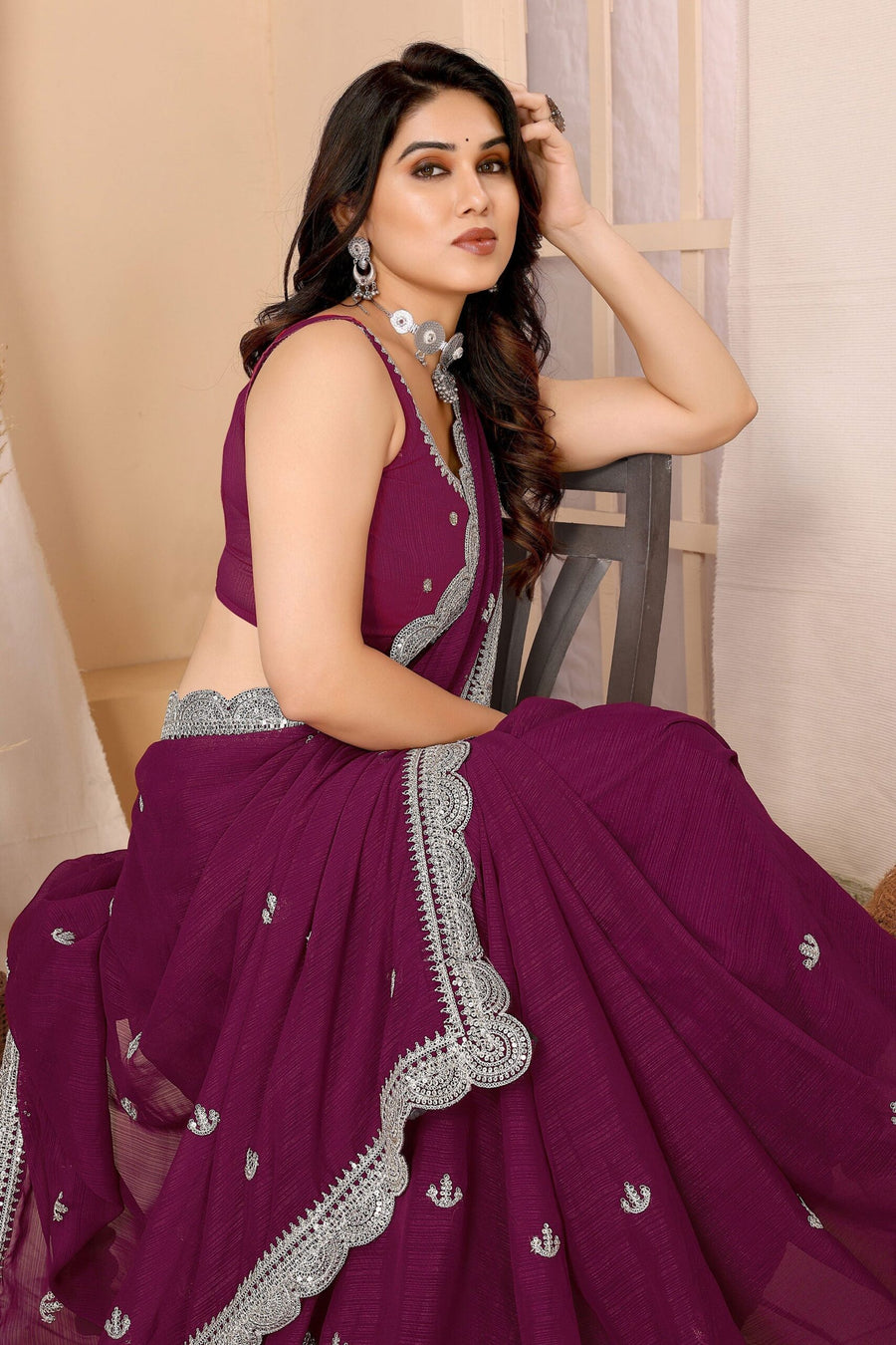 Saree Buta Wine Chiffon Embroidered Saree - view 3