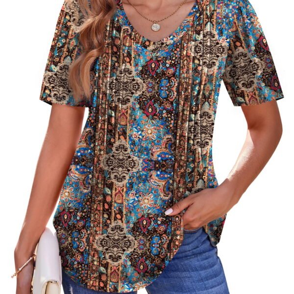 Fantaslook Blouses for Women Dressy Casual V Neck Pleated Tunic Tops Summer Short Sleeve Boho Shirts