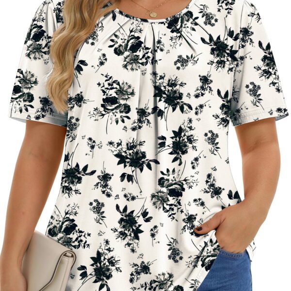 Fantaslook Dressy Blouses for Women Pleated Short Sleeve Tunic Tops Casual Floral Shirts
