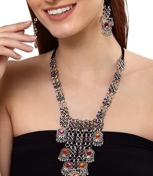 Fashion Latest Stylish Traditional Oxidised Silver Necklace Jewellery Set for Women