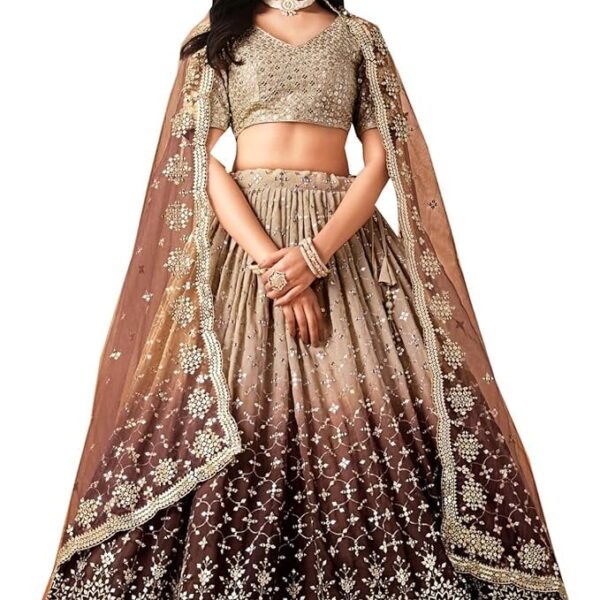 Indian Designer Luxurious Zari & Sequins Worked Wedding Wear Lehenga Choli Outfits ( Brown, M - 40 )