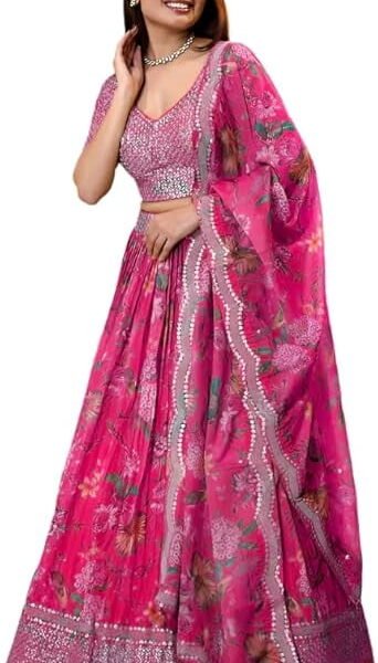 Indian Pakistani Woman's Special Occasion Wear Lehenga Choli With Beautiful Dupatta ( Pink, L - 42 )