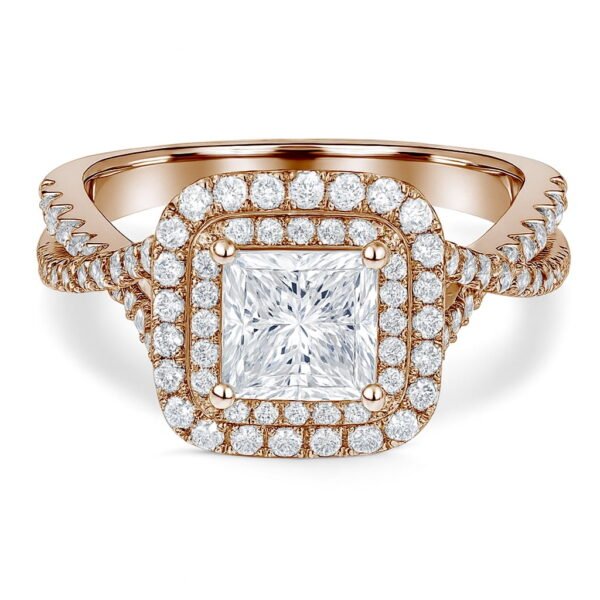 JeenMata 1 Carat Princess Cut Moissanite Engagement Ring - Bridal Set - Double Halo Ring - Cluster Ring - 18k Rose Gold Plated for Women