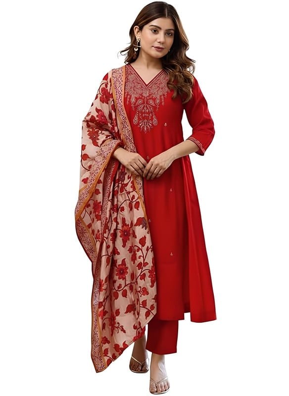 KLOSIA Women Embroidery Straight Kurta and Pant Set with Dupataa - Indian Ethnic Traditional Wear Kurta Set