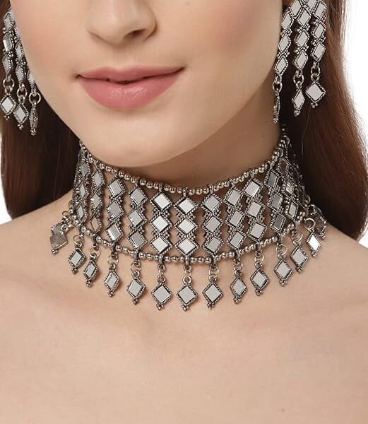 Latest Stylish Design Fancy Traditional Oxidised Silver Necklace Jewellery Set for Women