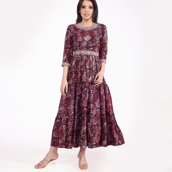Rayon Pasley Printed Neck Embroidered Ethnic Dress