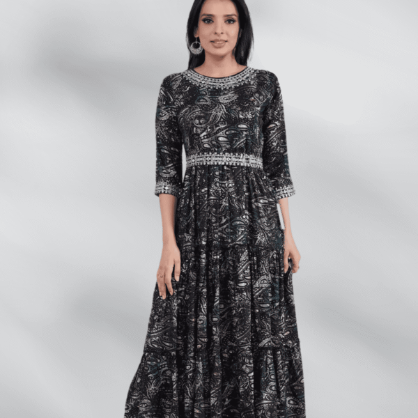 Rayon Pasley Printed Neck Embroidered Ethnic Dress