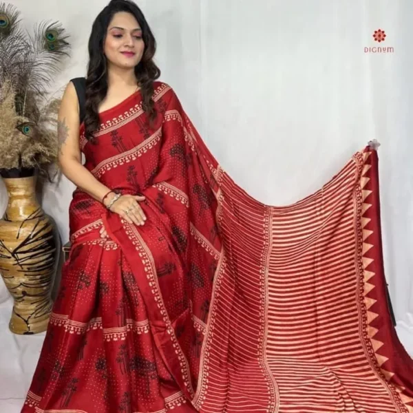 Red Ajrakh Hand Block Print Pure Modal Silk Saree