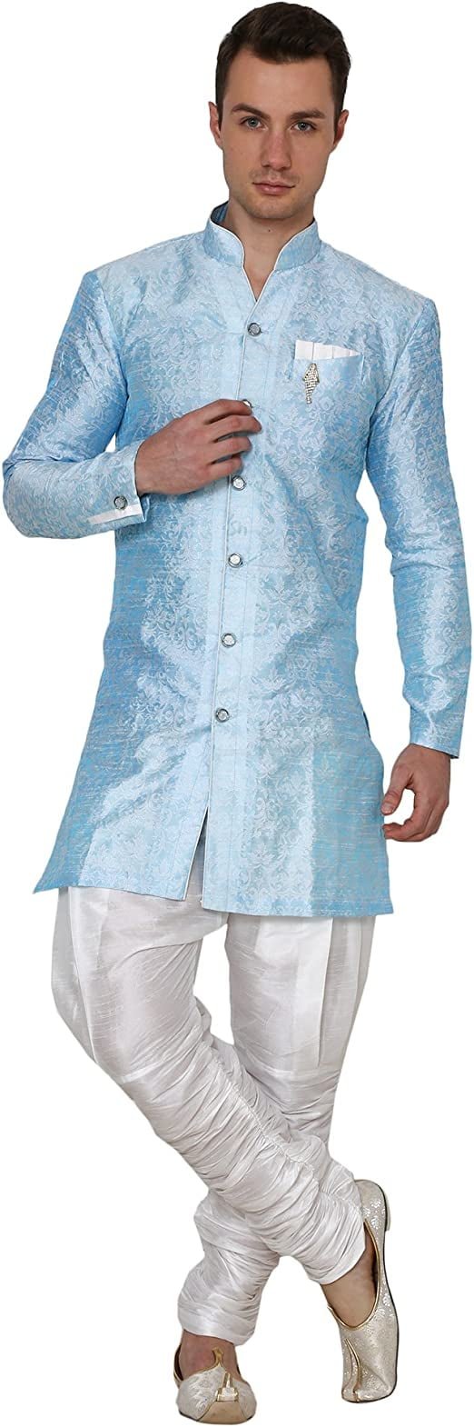 Royal Kurta Men's Jacquard Silk Indo-Western Sherwani (Medium, Exotic Blue)