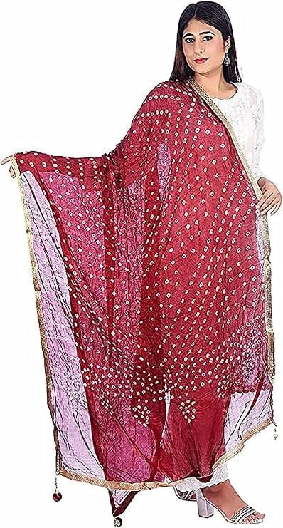 Tapara Silk Bandhani Bandhej Dupatta for Women, Heavy Dupatta with Gota Work and Latkan