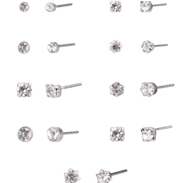 Time and Tru Adult Women's 9 Pair Silver Tone Crystal Stud Metal Earrings Set