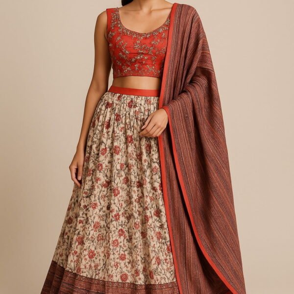 Women's Red Embroidered Lehenga Choli Set – Floral Pleated Skirt with Dupatta – Traditional Indian Festive Wear