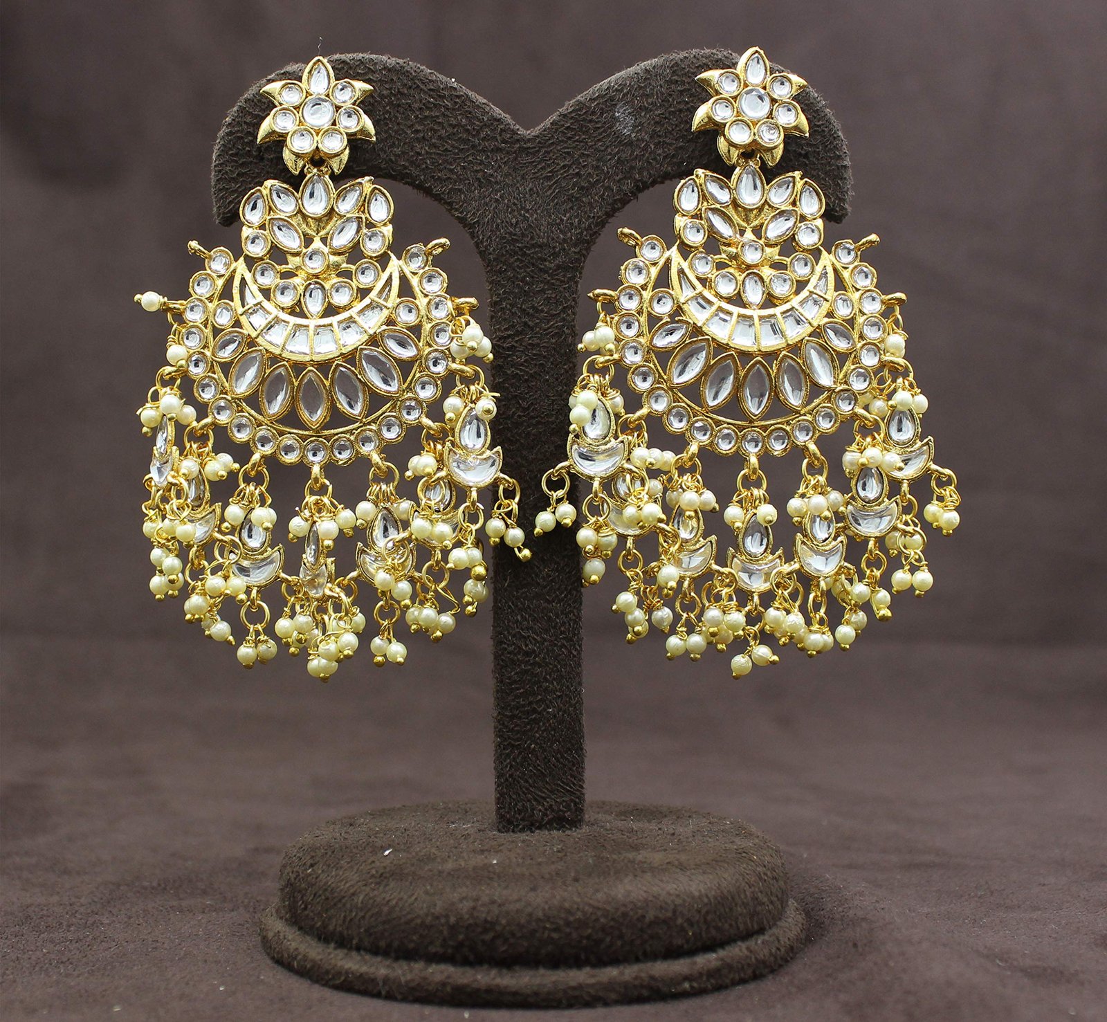 Radhna Pachi Kundan Chandbali Long Gold Plated Earrings for Women (White) - Image 2