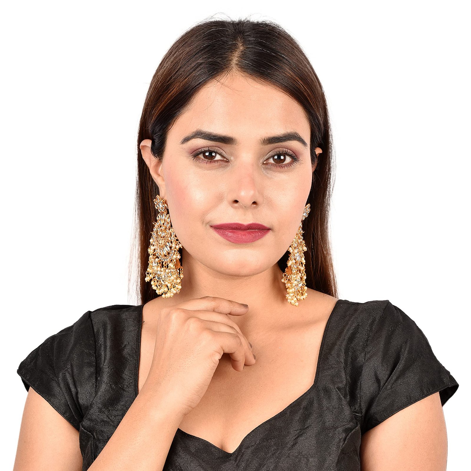 Radhna Pachi Kundan Chandbali Long Gold Plated Earrings for Women (White) - Image 3