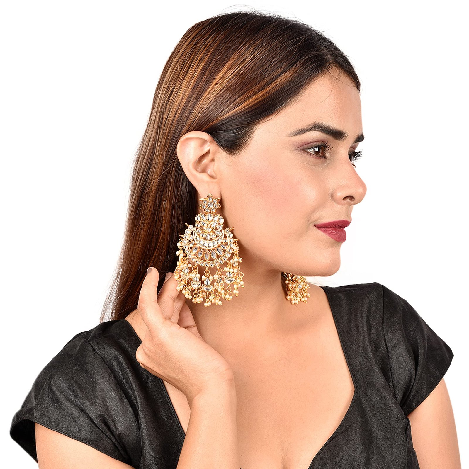 Radhna Pachi Kundan Chandbali Long Gold Plated Earrings for Women (White) - Image 4
