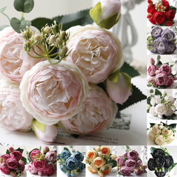 Artificial Silk Peony Flowers Bouquet | 5-Head Fake Flowers for Wedding Decor, Bridal Centerpieces & Home Vase Arrangements