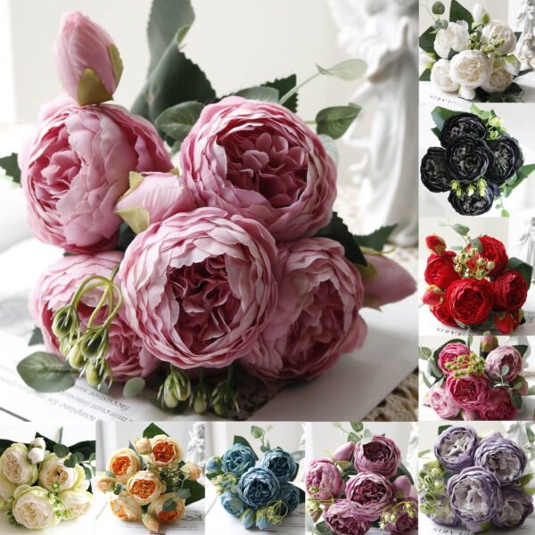 Artificial Silk Peony Flowers Bouquet | 5-Head Fake Flowers for Wedding Decor, Bridal Centerpieces & Home Vase Arrangements