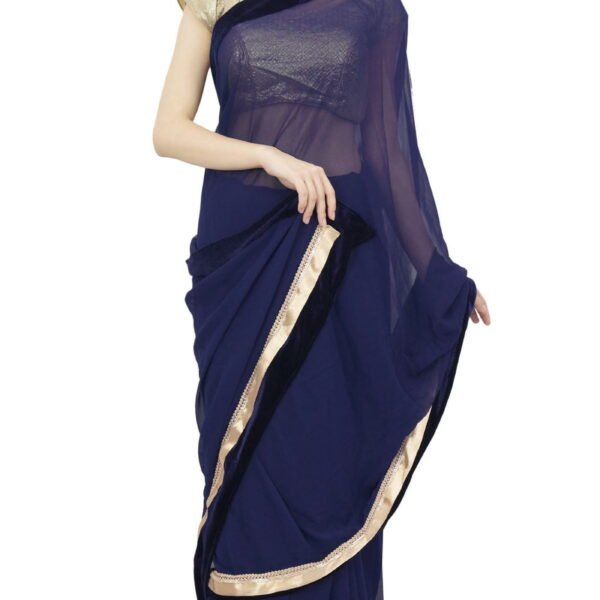 Atasi Solid Navy Blue Sari Designer Georgette Saree With Unstitched Blouse Piece