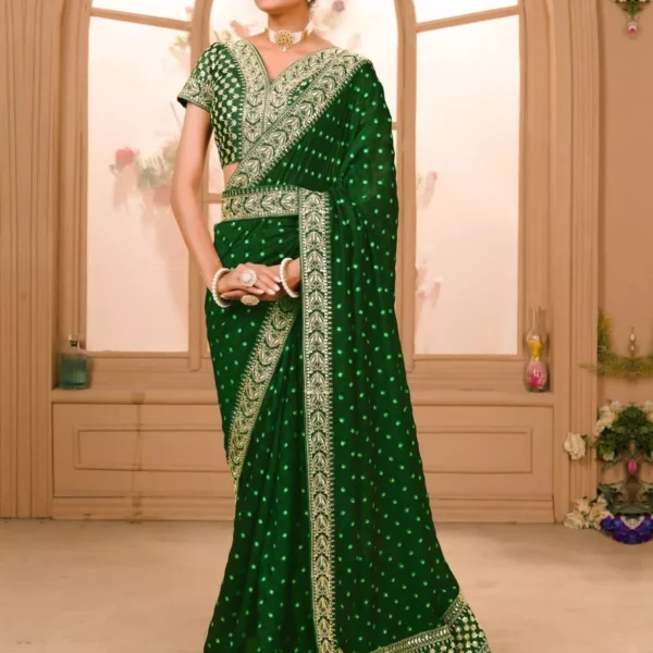 Beautiful Designer Vichitra Silk Sari Blouse Indian Bollywood Wedding Wear Saree Green size 36