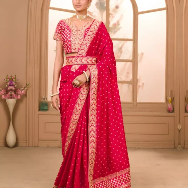 Beautiful Designer Vichitra Silk Sari Blouse Indian Bollywood Wedding Wear Saree Red size 40