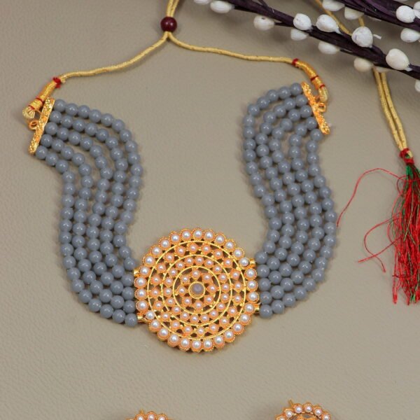 Crunchy Fashion Traditional Gold-Plated Grey Beaded Kundan Choker Jewellery Set