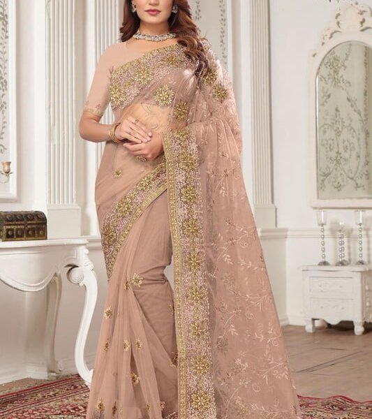 Designer Beige Resham Zari Embroidery Net Saree