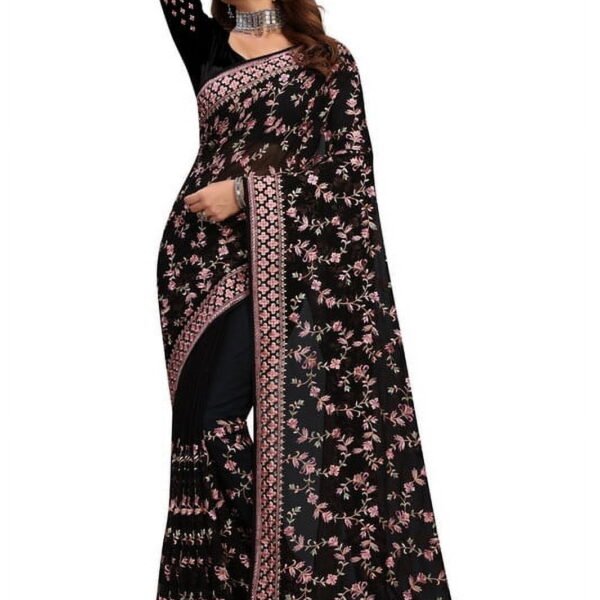 Designer Black Heavy Resham Embroidery Georgette Saree