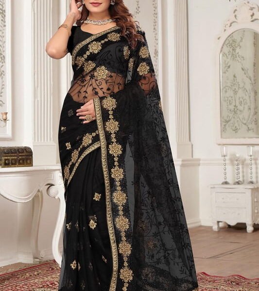 Designer Black Resham Zari Embroidery Net Saree