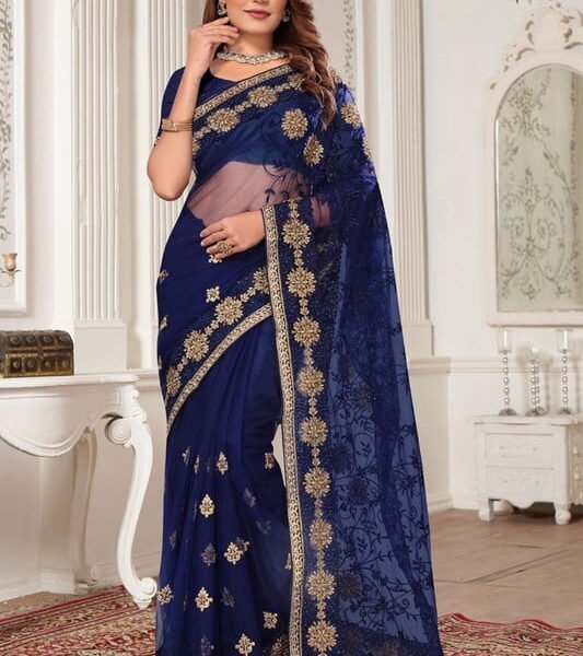 Designer Navy Blue Resham Zari Embroidery Net Saree