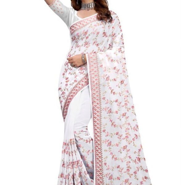 Designer White Heavy Resham Embroidery Georgette Saree
